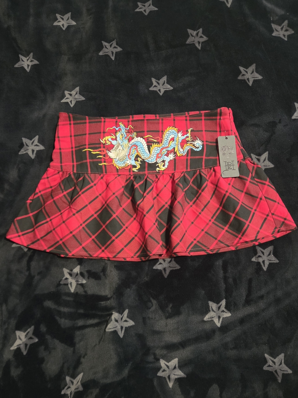Ed Hardy Red Plaid Dragon Flare Mini Skirt